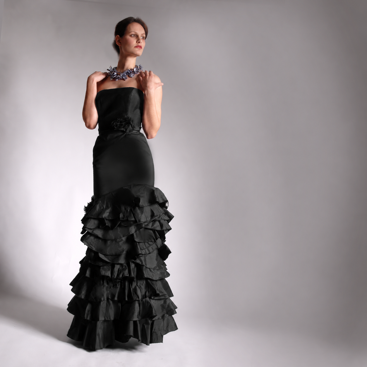 Black ruffled evening gown, The Dress Edit